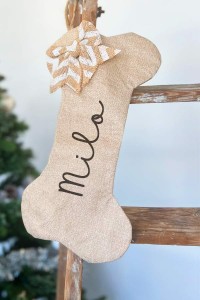 Chaussette de Noël personnalisée pour chien - noeud doré