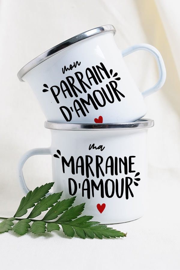 Duo de mugs émaillés - Parrain, Marraine d'amour