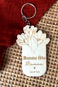 Porte-clés en bois personnalisé | Maman - Fleurs