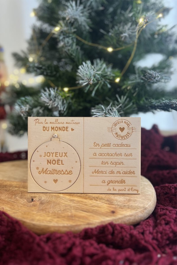 Carte de Noël en bois  + Boule personnalisée | Joyeux Noël Maîtresse