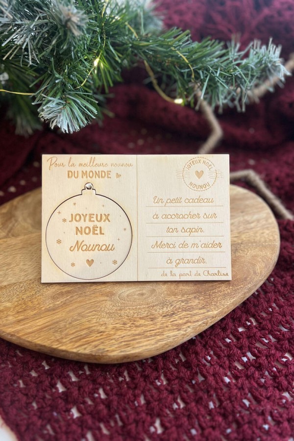 Carte de Noël en bois  + Boule personnalisée | Joyeux Noël Nounou