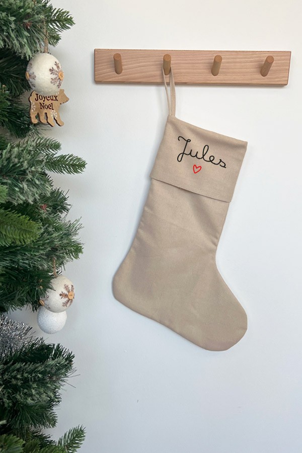 Chaussette de Noël beige personnalisée - Prénom Manuscrit